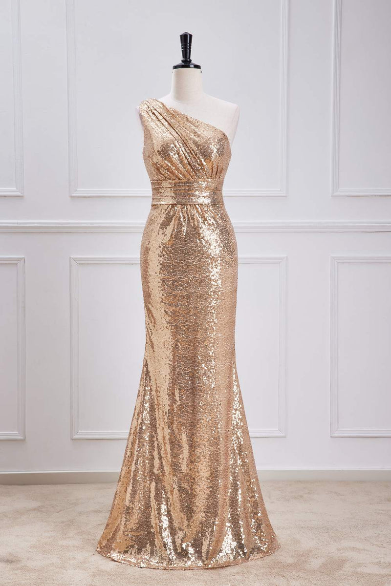 Gold One-Shoulder Sequins Mermaid Long Bridesmaid Dress