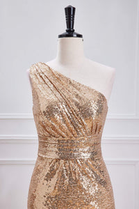 Gold One-Shoulder Sequins Mermaid Long Bridesmaid Dress