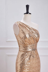 Gold One-Shoulder Sequins Mermaid Long Bridesmaid Dress