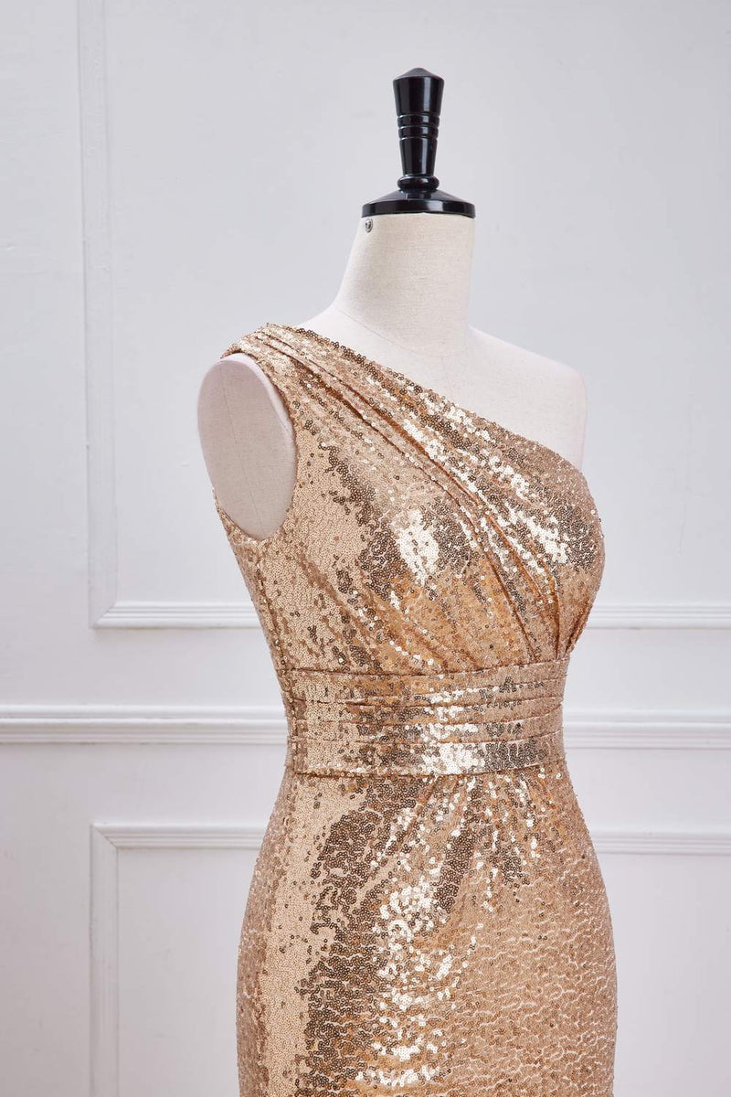 Gold One-Shoulder Sequins Mermaid Long Bridesmaid Dress