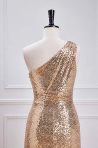 Gold One-Shoulder Sequins Mermaid Long Bridesmaid Dress