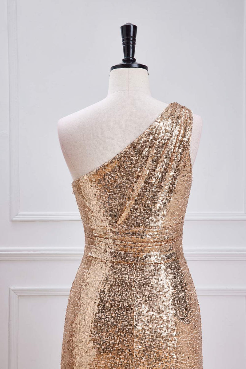 Gold One-Shoulder Sequins Mermaid Long Bridesmaid Dress