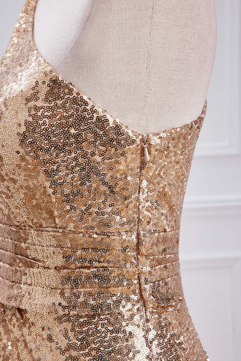 Gold One-Shoulder Sequins Mermaid Long Bridesmaid Dress