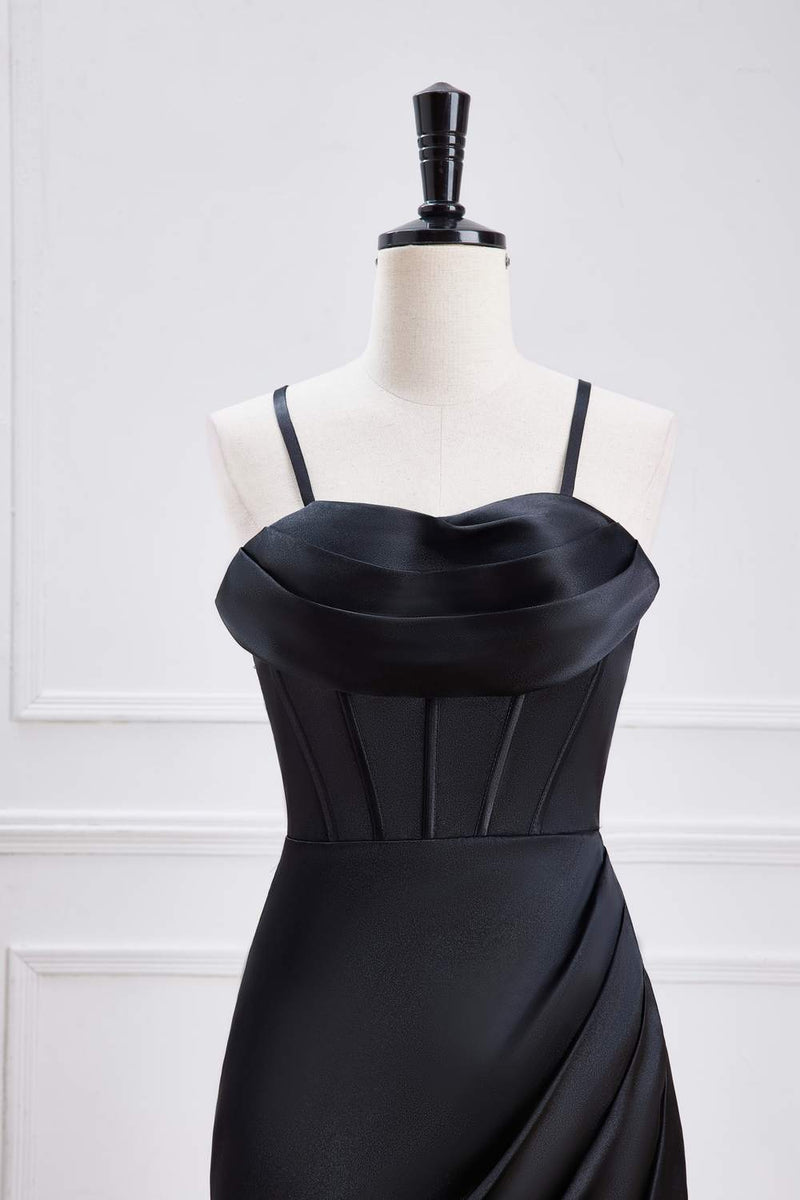 Black Lace-Up Mermaid Satin Long Bridesmaid Dress with Slit