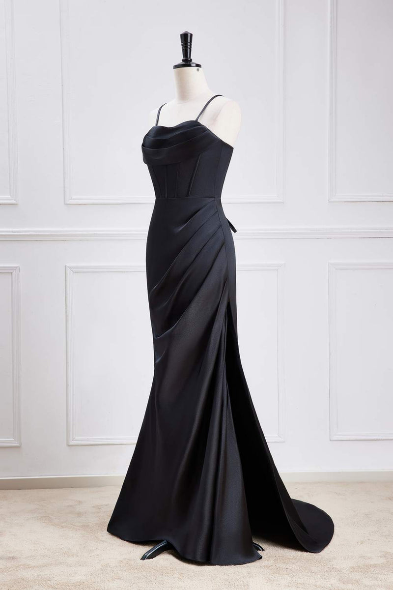 Black Lace-Up Mermaid Satin Long Bridesmaid Dress with Slit