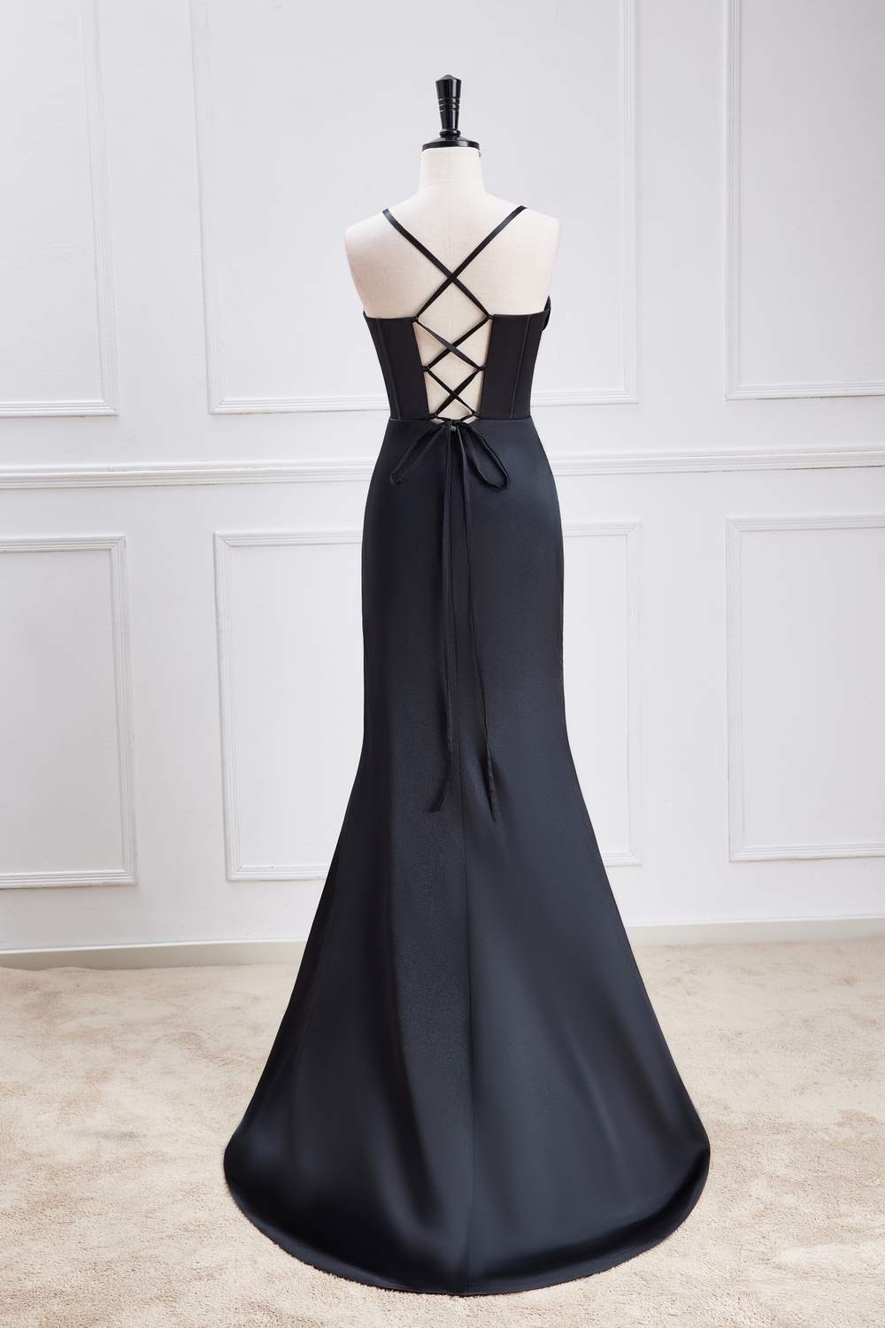 Black Lace-Up Mermaid Satin Long Bridesmaid Dress with Slit