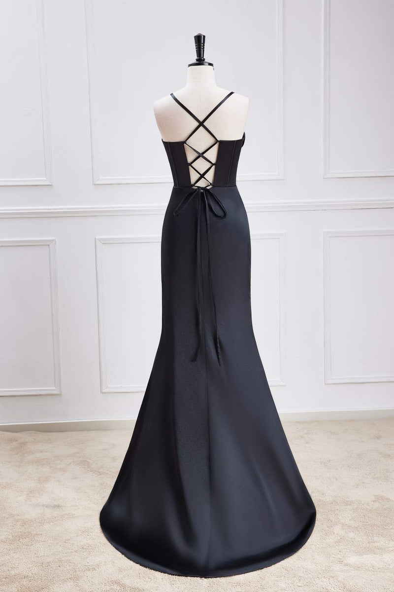 Black Lace-Up Mermaid Satin Long Bridesmaid Dress with Slit