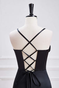 Black Lace-Up Mermaid Satin Long Bridesmaid Dress with Slit