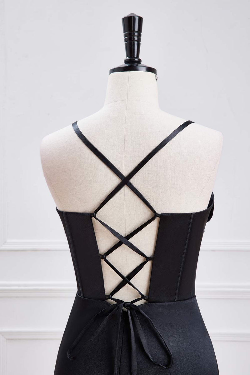 Black Lace-Up Mermaid Satin Long Bridesmaid Dress with Slit