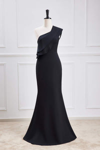 Black Ruffled One Shoulder Mermaid Long Bridesmaid Dress