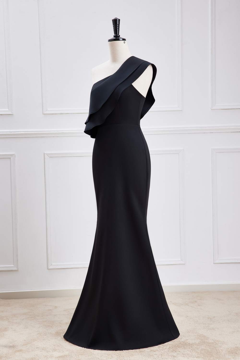 Black Ruffled One Shoulder Mermaid Long Bridesmaid Dress