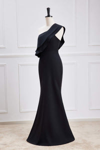 Black Ruffled One Shoulder Mermaid Long Bridesmaid Dress