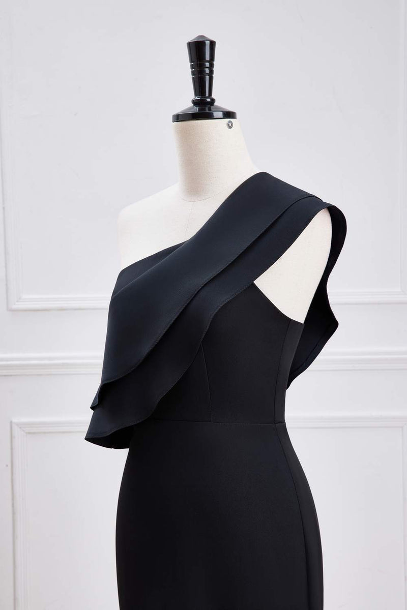 Black Ruffled One Shoulder Mermaid Long Bridesmaid Dress