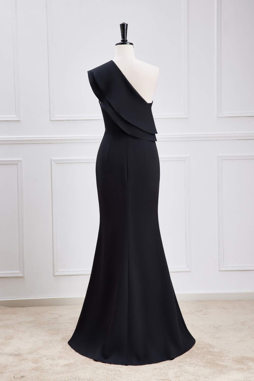 Black Ruffled One Shoulder Mermaid Long Bridesmaid Dress