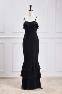 Black Ruffled Spaghetti Straps Mermaid Layers Long Bridesmaid Dress