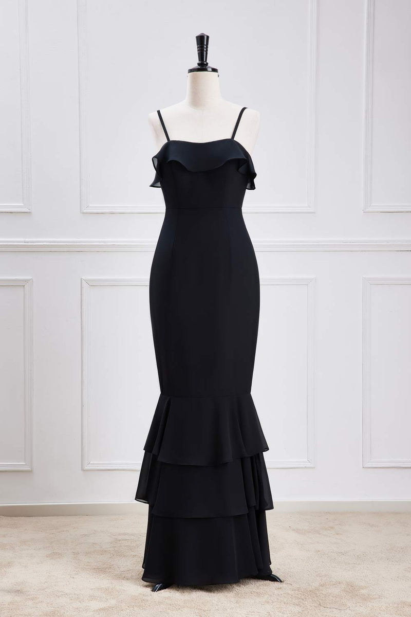 Black Ruffled Spaghetti Straps Mermaid Layers Long Bridesmaid Dress