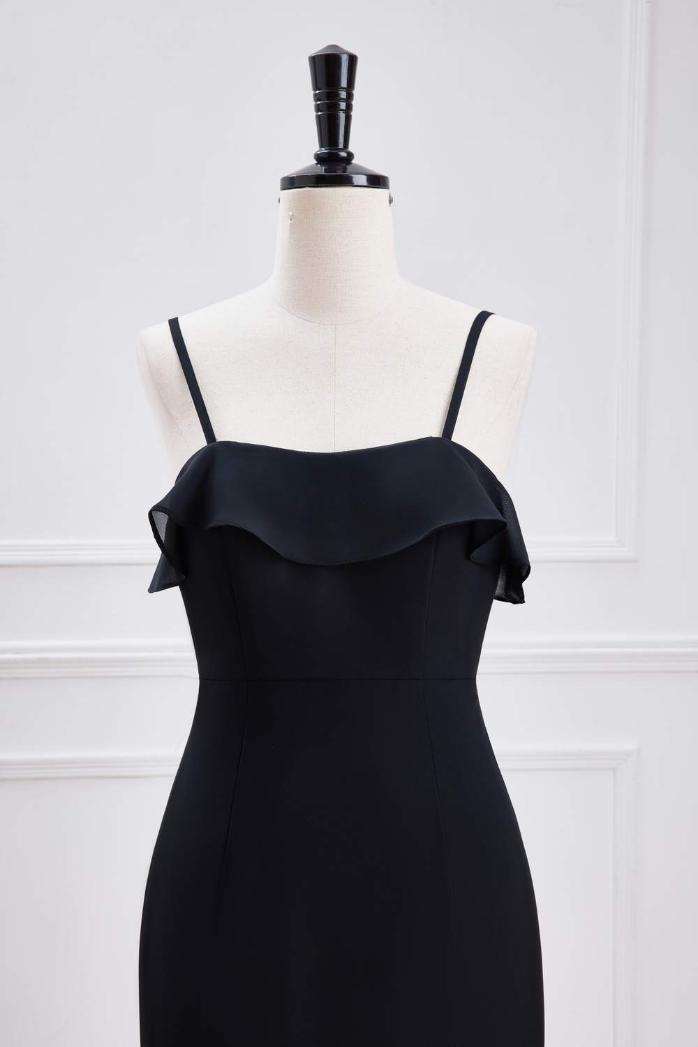 Black Ruffled Spaghetti Straps Mermaid Layers Long Bridesmaid Dress