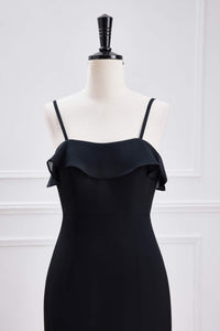 Black Ruffled Spaghetti Straps Mermaid Layers Long Bridesmaid Dress