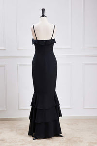 Black Ruffled Spaghetti Straps Mermaid Layers Long Bridesmaid Dress