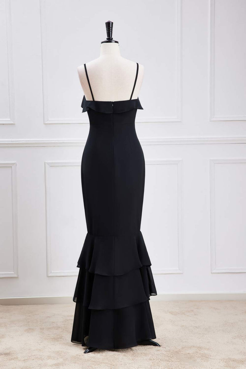 Black Ruffled Spaghetti Straps Mermaid Layers Long Bridesmaid Dress