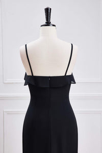 Black Ruffled Spaghetti Straps Mermaid Layers Long Bridesmaid Dress