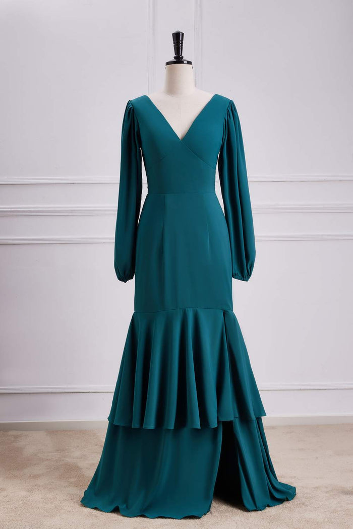 Teal Long Sleeves V Neck Mermaid Layers Long Bridesmaid Dress with Slit