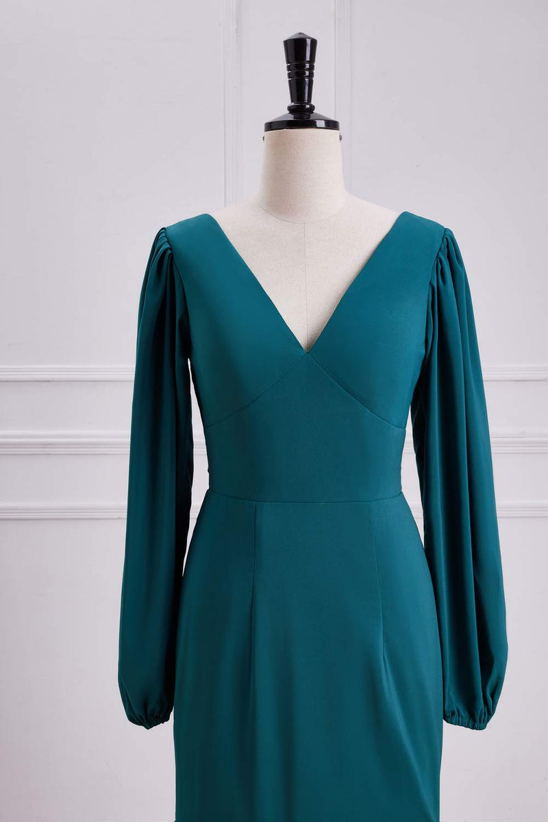 Teal Long Sleeves V Neck Mermaid Layers Long Bridesmaid Dress with Slit