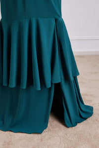 Teal Long Sleeves V Neck Mermaid Layers Long Bridesmaid Dress with Slit