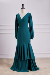 Teal Long Sleeves V Neck Mermaid Layers Long Bridesmaid Dress with Slit