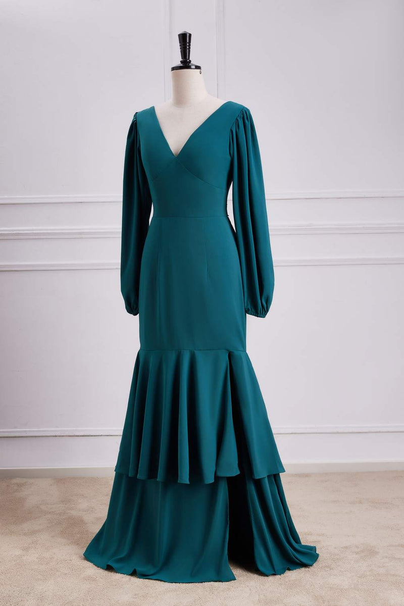Teal Long Sleeves V Neck Mermaid Layers Long Bridesmaid Dress with Slit