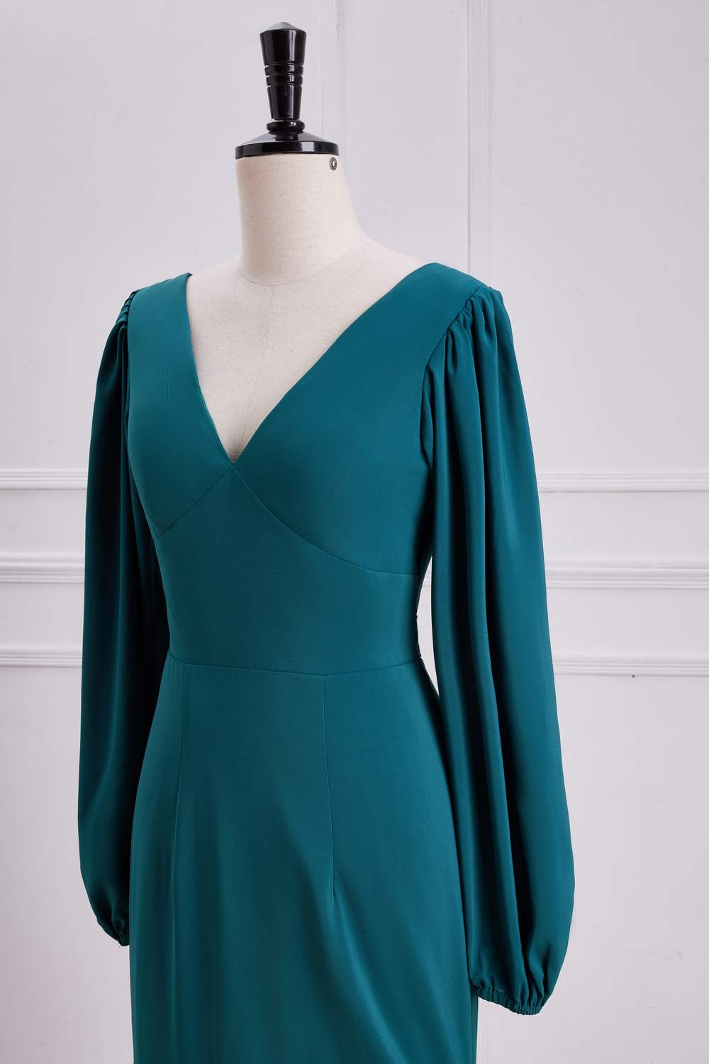 Teal Long Sleeves V Neck Mermaid Layers Long Bridesmaid Dress with Slit