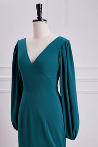 Teal Long Sleeves V Neck Mermaid Layers Long Bridesmaid Dress with Slit
