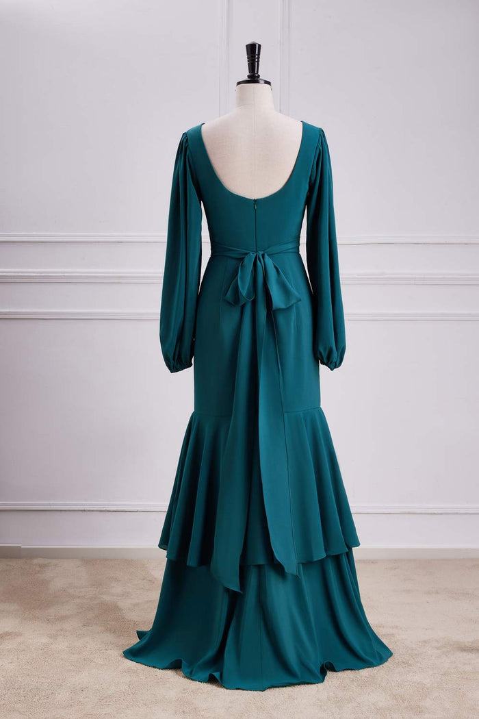 Teal Long Sleeves V Neck Mermaid Layers Long Bridesmaid Dress with Slit