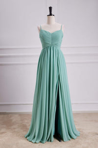 Mint Green Spaghetti Straps A-line Long Bridesmaid Dress with Slit