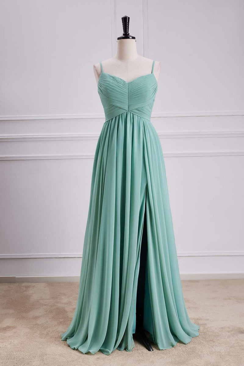 Mint Green Spaghetti Straps A-line Long Bridesmaid Dress with Slit