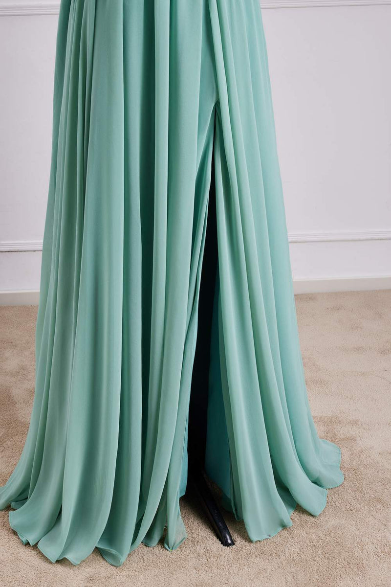 Mint Green Spaghetti Straps A-line Long Bridesmaid Dress with Slit
