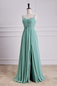 Mint Green Spaghetti Straps A-line Long Bridesmaid Dress with Slit