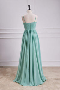 Mint Green Spaghetti Straps A-line Long Bridesmaid Dress with Slit