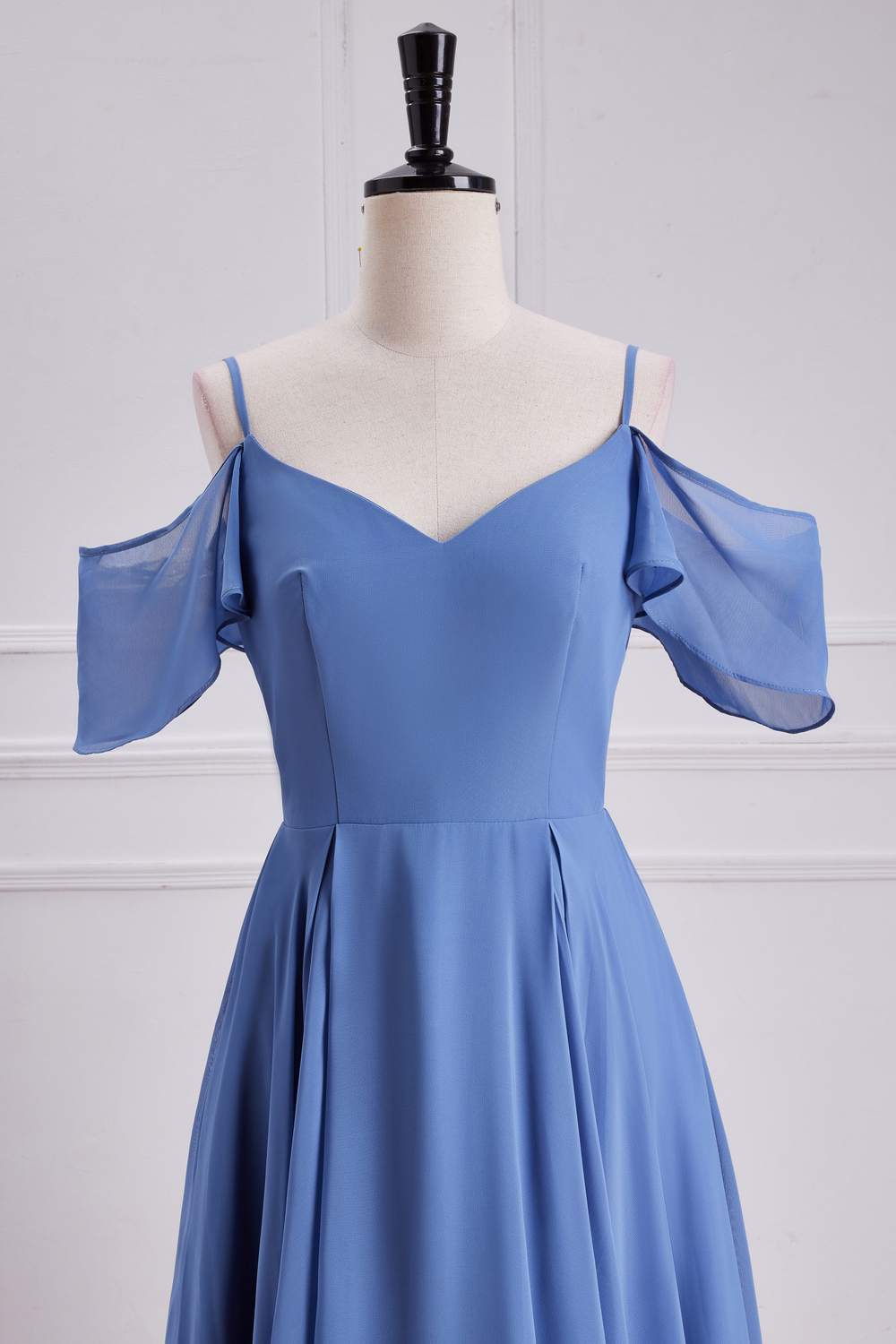 Blue Cold Shoulder A-line Chiffon Long Bridesmaid Dress