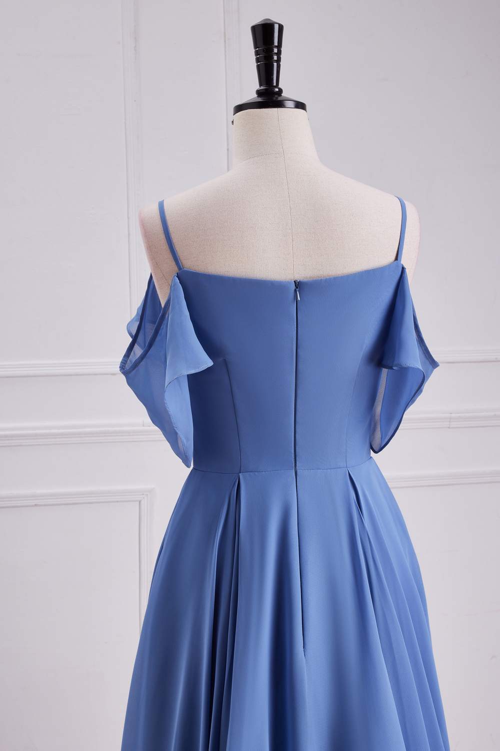Blue Cold Shoulder A-line Chiffon Long Bridesmaid Dress