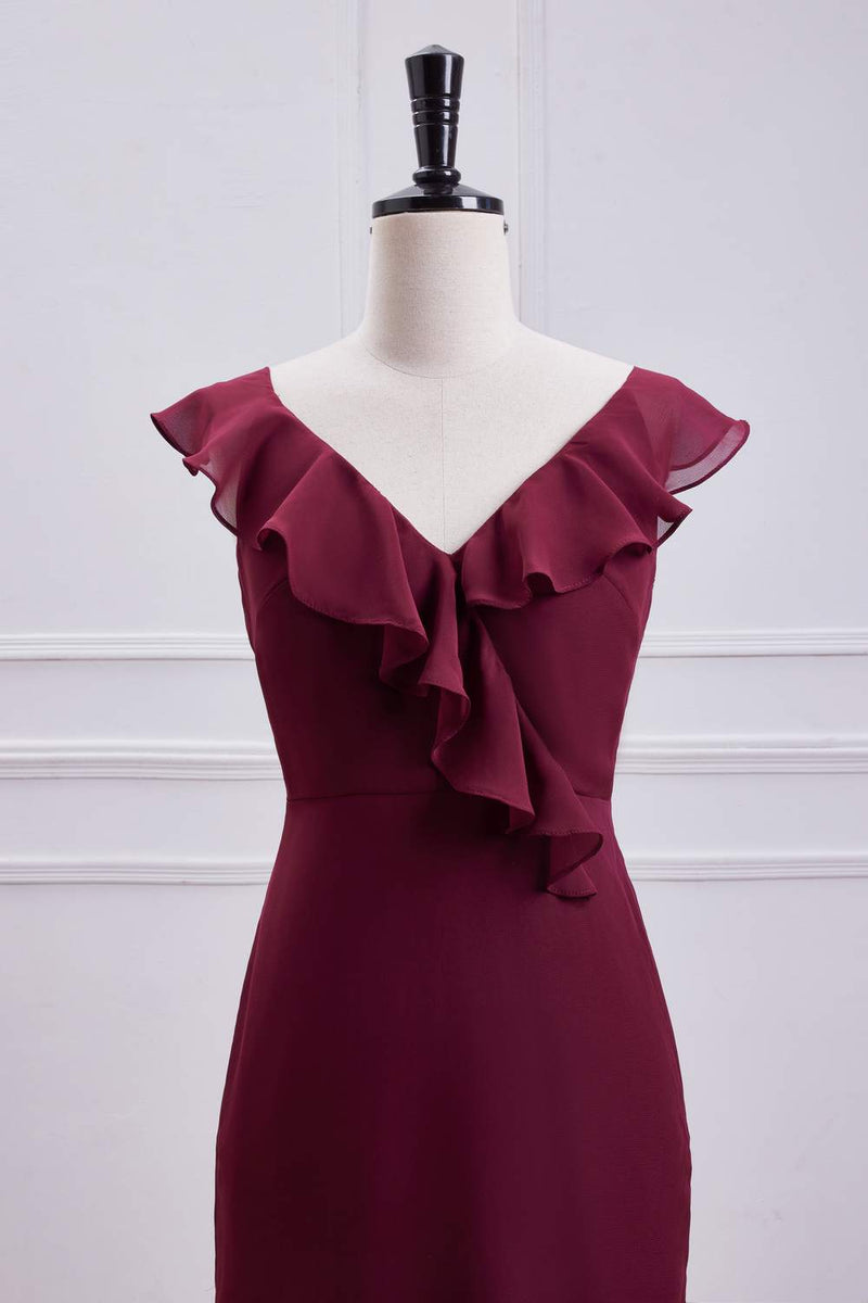Wine Red Ruffled Neck Mermaid Layers Long Bridesmaid Dress