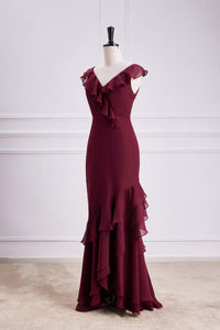 Wine Red Ruffled Neck Mermaid Layers Long Bridesmaid Dress