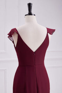 Wine Red Ruffled Neck Mermaid Layers Long Bridesmaid Dress