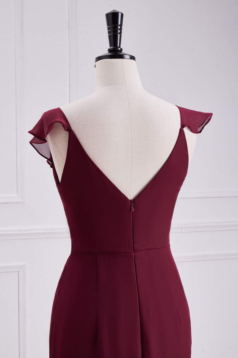 Wine Red Ruffled Neck Mermaid Layers Long Bridesmaid Dress