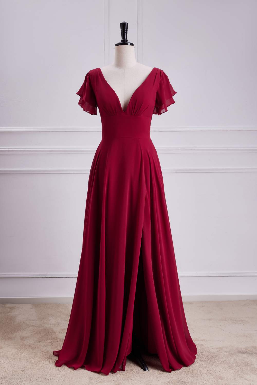 Wine Red Flaunt Sleeves V Neck A-line Long Bridesmaid Dress with Slit