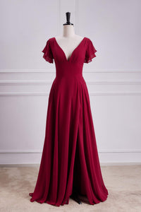 Wine Red Flaunt Sleeves V Neck A-line Long Bridesmaid Dress with Slit