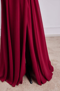 Wine Red Flaunt Sleeves V Neck A-line Long Bridesmaid Dress with Slit