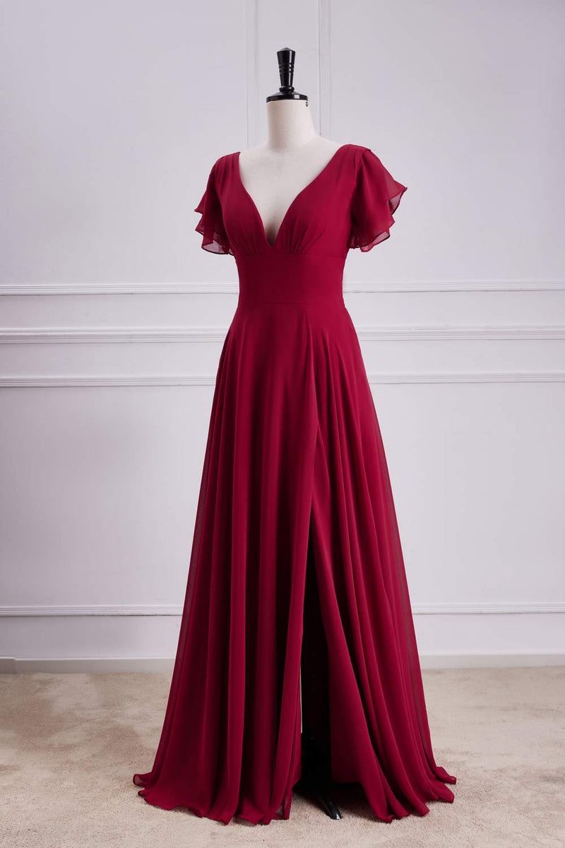 Wine Red Flaunt Sleeves V Neck A-line Long Bridesmaid Dress with Slit
