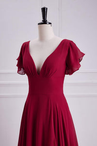 Wine Red Flaunt Sleeves V Neck A-line Long Bridesmaid Dress with Slit