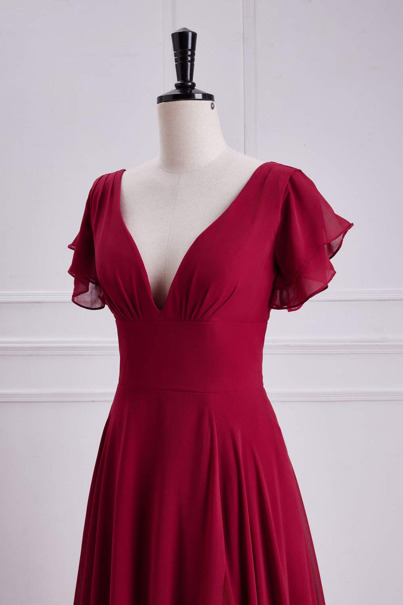 Wine Red Flaunt Sleeves V Neck A-line Long Bridesmaid Dress with Slit